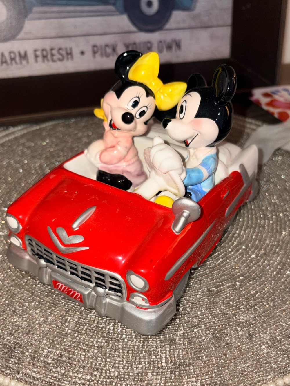 Vintage Disney Mickey and Minnie Mouse Musical Figurine - Red Convertible -Works